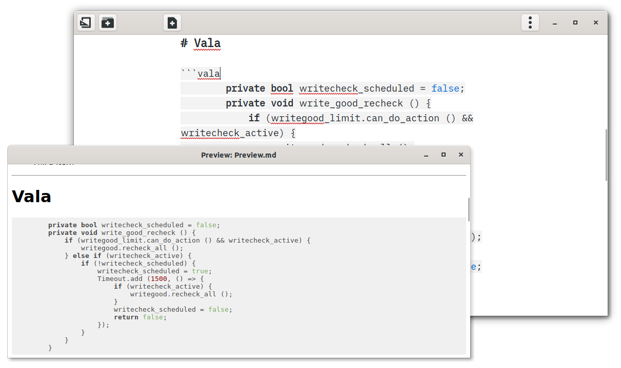 ThiefMD syntax highlighting Vala code in various colors